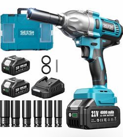 Seesii Impact Wrench 665 FT-LBS(900N.m) 3300IPM 1/2 Impact Gun High Torque Electric Impact Driver Cordless Impact Wrench with 21V 2x4.0Ah Battery 6 So