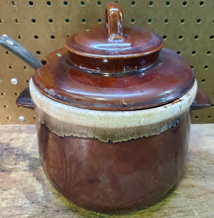 Vintage McCoy Brown Drip Glaze Bean Soup Pot Crock 0121 w/ Lid & Spoon 4 qt. 8"