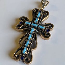 Rare Turquoise Cross Pendant 18k Gold / 925 Sterling Silver Vintage Piece