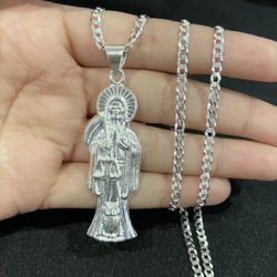 925 Sterling Silver Mens Santa Muerte Grim Reaper Pendant & Curb Chain