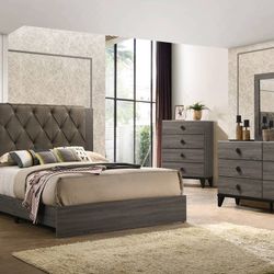 Gray Queen Bed Frame, 1 Night Stand, Dresser And Mirror 