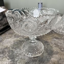 3 HAND CUT CRYSTAL  ANTIQUE DECANTER , BOWL AND PEDESTAL BOWL- MINT NO CHIPS OR WEAR! STUNNING-CHEAP AND HEAVY! One Owner !
