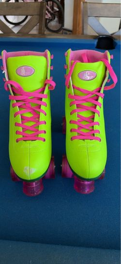 Neon Green and Pink Quad Roller Skates