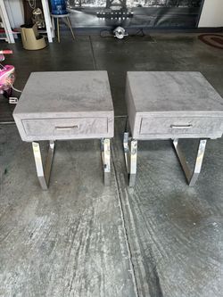 Pair of Gray Velvet Nightstands with Chrome Legs