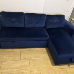 91" Blue Sectional Sofa W/chaise and Opens to a bed