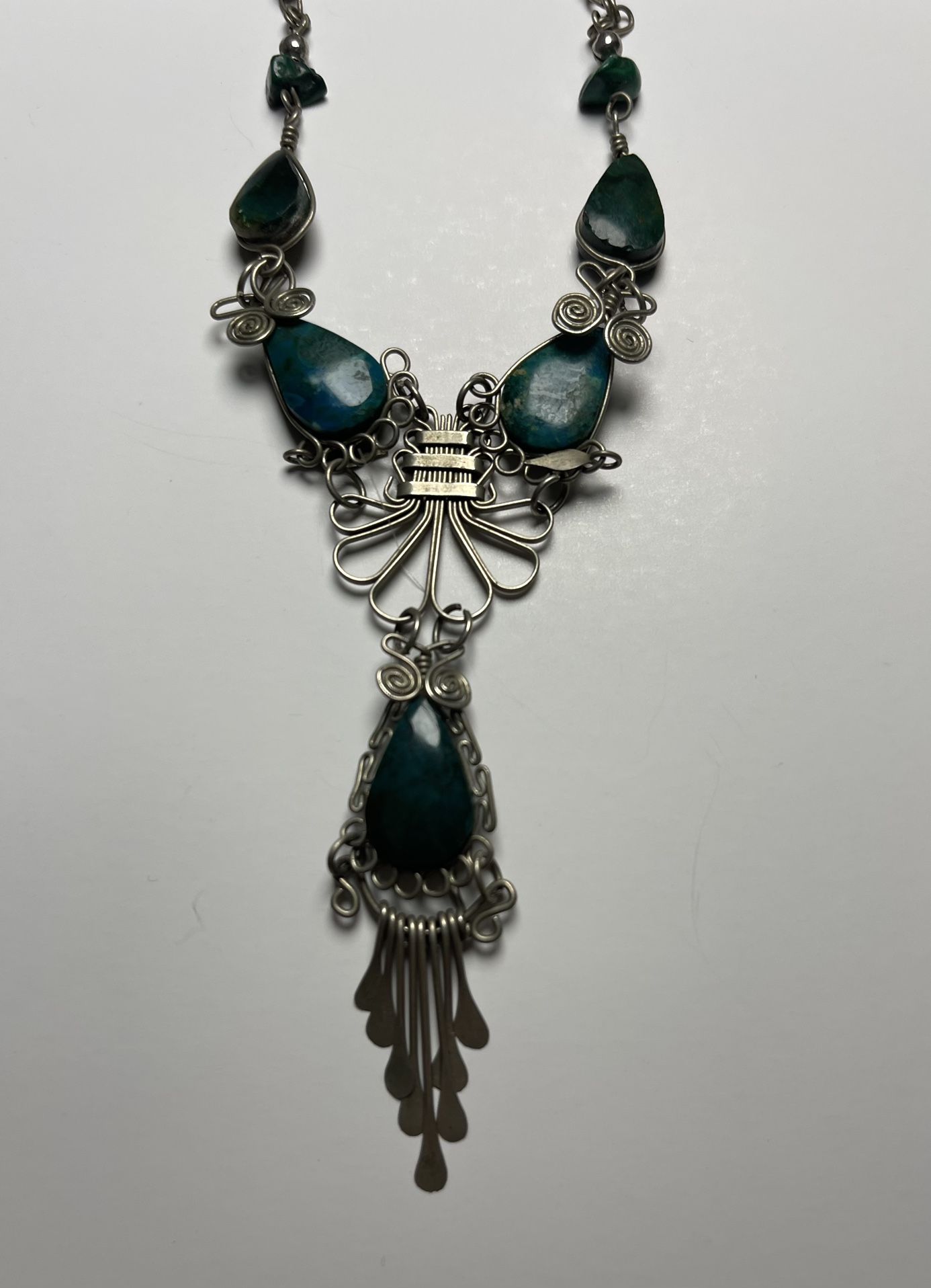   Antique Silver Filigree with Chrysocolla Stones in teardrop shape