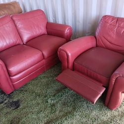 Red Leather Love ove Seat And Recliner Chair 