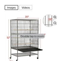 Bird Cage, Metal 52" Large Rolling Bird Cage with 3 Perches and 4 Feeders, Black