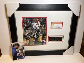 Larry Fitzgerald SIGNED First NFL Catch 8x10 Photo With 9/12/2004 Ticket Plaque