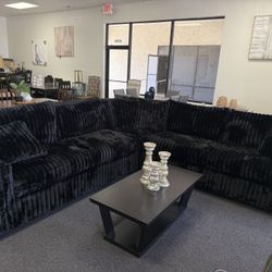 Sectional In Black Corduroy