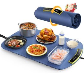 Food Warming Mat - 5s Rapid Heating Electric Warming Tray with 8 Temp Setting, 4 Hours Auto-Off, Easy to Clean, Foldable Sillicon Warming Mat for Food