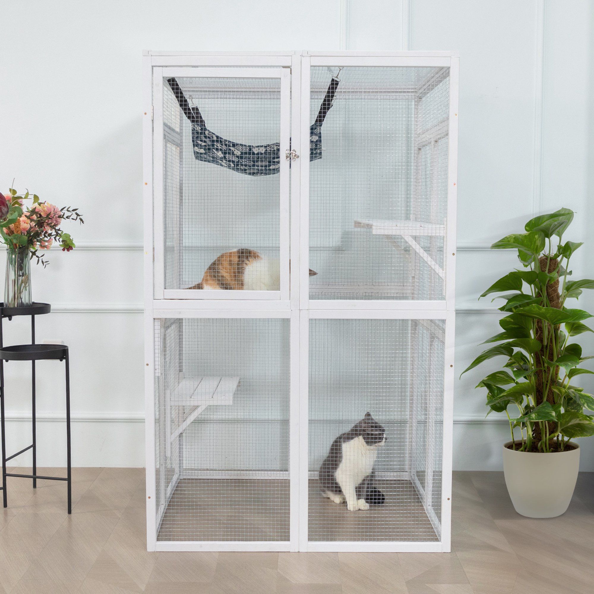 64" Cat House Outdoor Catio Cat Enclosures Wooden Kitty House with Platforms