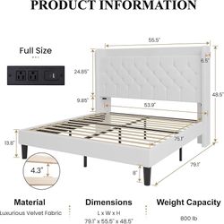 Full Size Platform Bed Frame with Charging Station, Velvet Wingback Headboard with Storage Shelf, Wooden Slats Support, Ample Under-Bed Space, No Box 