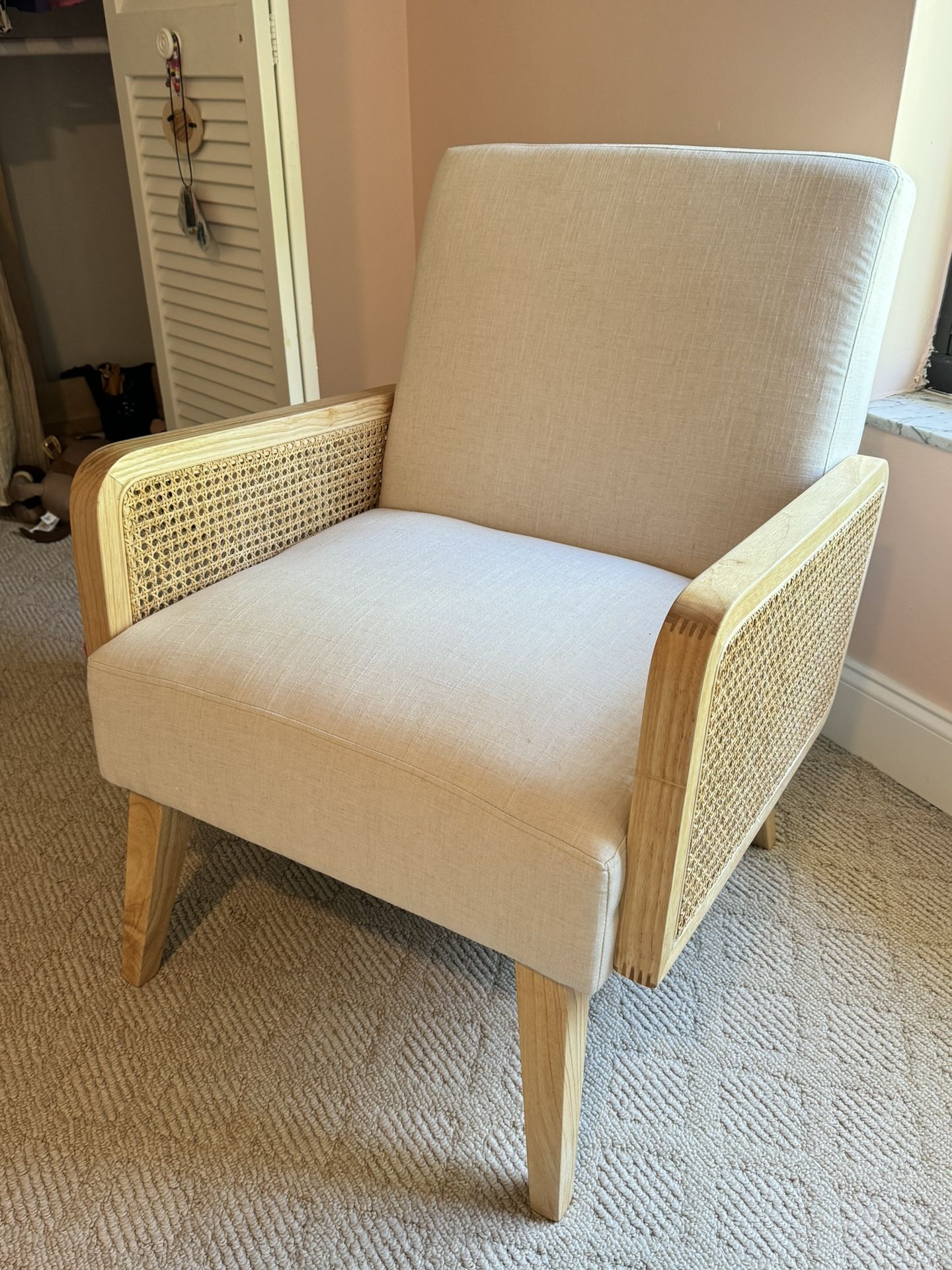 Chloé Rattan Cane Accent Arm Chair with Wood Base Upholstered | Karat Home -