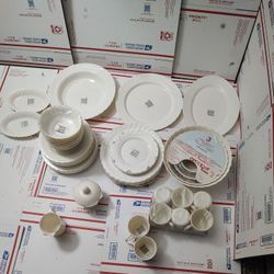 Vintage Arcopal Milk glass Scalloped Swirl Dinner Set 54 Pieces