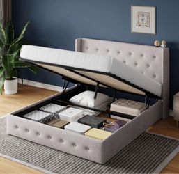 Queen Size Lift Up Storage Bed with Wingback Headboard/Heavy Duty Hydraulic Platform Bed Frame/Large Under Storage/Wooden Slats Support/Noise Free/Bei