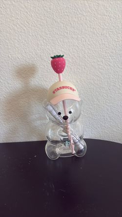 Starbucks Pink Barista Drink Strawberry Bear  20 oz Cup Glass Authentic
