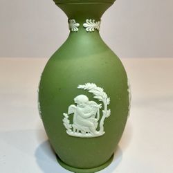 Vintage Wedgwood Jasperware Bud Vase Green With White Relief, Made in England