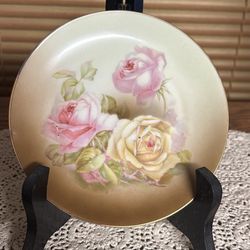 Antique hand painted rose motif 6” porcelain plate Bavaria Zen Scherzer & Co 1(contact info removed) pinks yellows
