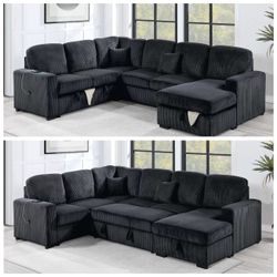Large Corduroy Sectional Sleeper Sofa With Pull Out Bed  