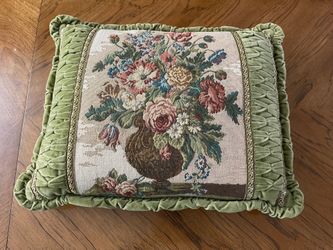 Elegant Rectangular Green Velvet Floral Tapestry Throw Pillow with Pleated Detail