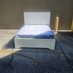White Queen Size Solid Wood Bed Frame With Brand New Queen Size Plush Mattress And Box Spring In Plastic 