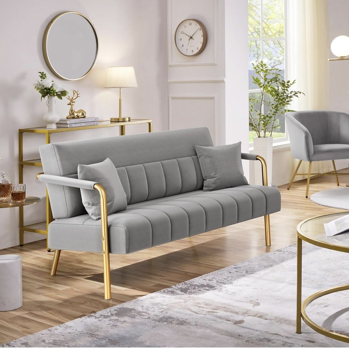 56.5" W Modern Sofa Small Sofa Luxurious Velvet Fabric Couch with Gold-Tone Metal Arms and Legs for Living Room, Home Office, Studio Light Gray
