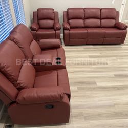 Red faux leather reclining couch set 3 pc