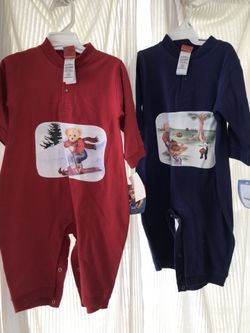 New. 12 months,cotton holiday one piece. 2nd picture: New, one piece burgundy, polyester/cotton, very soft.