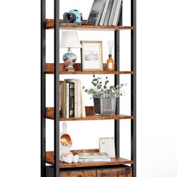 6-Tier Bookshelf, Tall 71" Rustic Bookcase with 2 Drawers Storage Organizer, Industrial Display Free Standing Shelf Units, Wood