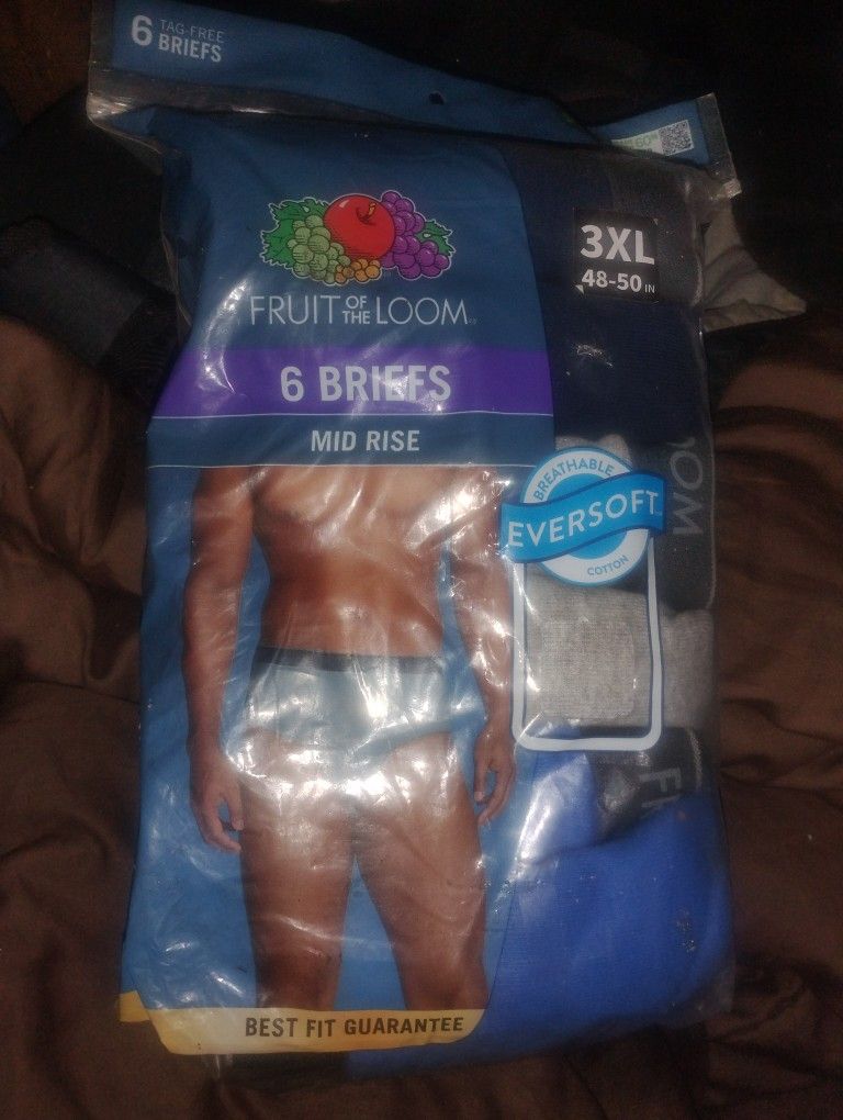 6 Blue Gray 3XL 48-50 Briefs Mid Rise Fruit of the Loom 3EG 122-127 CM