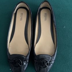 Michael Kors Black Leather Flats Size 10 | MK Logo Slip-On Loafers