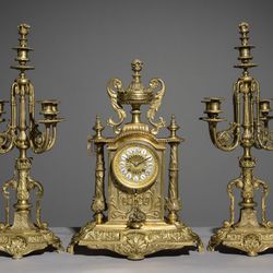 French Gilded Bronze Mantel Clock with Candelabras 