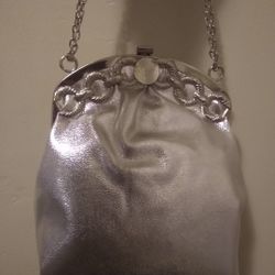 Silver Metallic Faux But Good Quality Leather Evening Purse.