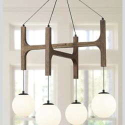 Vintage Milk Glass Pendant Light, Mid Century Wood Chandelier