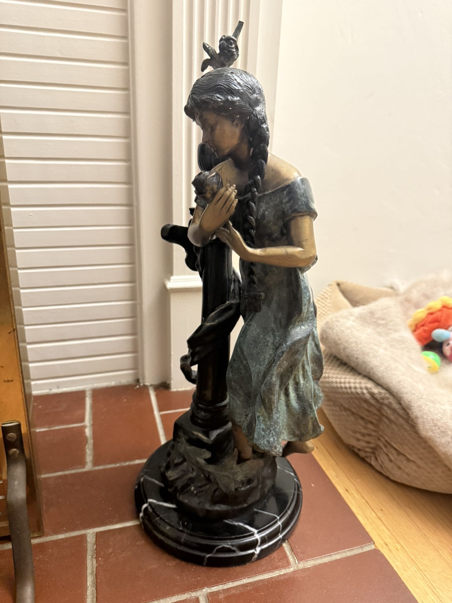 Pair of Vintage Bronze Statues – Boy & Girl Figures on Marble Bases