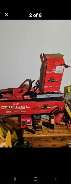 Milwaukee M18 'Fuel' 16" chainsaw, M12 'Fuel' 6" pruning saw, batteries, charger