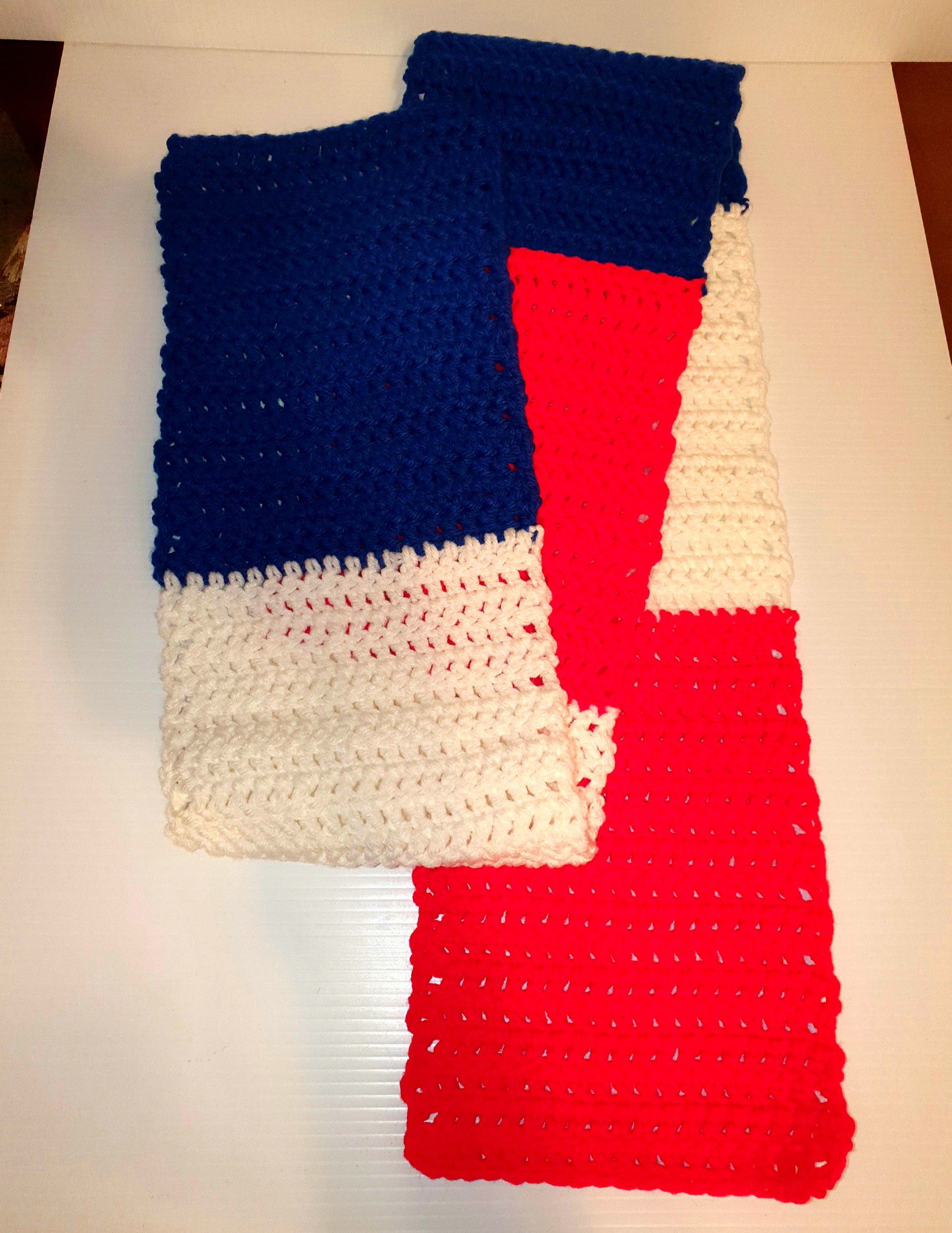 Hand Made Knitted Scarf Red White Blue (stock #29)