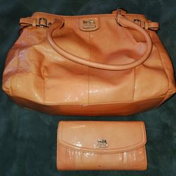 Salmon Colored Coach Purse And Wallet 