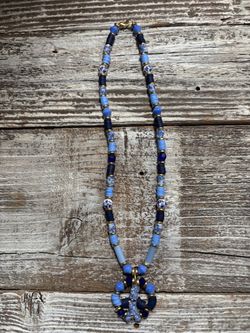 Blue Mixed Bead Necklace with Gold Accents
