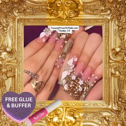 Gold Glitter 3D Flower Design Press On Nails 24 Pc Set - FREE GLUE & BUFFER