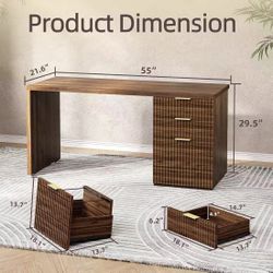 ✌️ 55"W Modern Executive Desk with 3 Drawers, Office Desk with File Cabinet for Letter&A4 Size, Computer Writing Desk, Black Walnut