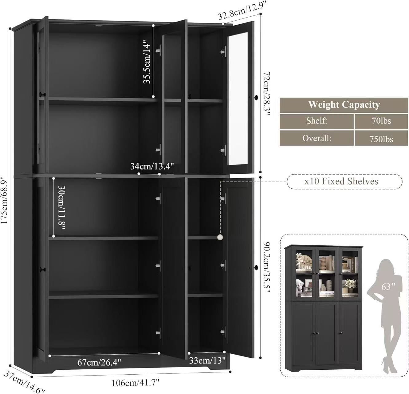 🥨Black Bookshelf and Bookcase, 69" Tall Book Shelf, Large Bookshelves with Storage Cabinet, 42" Wide Book Case with Glass Doors and Shelves