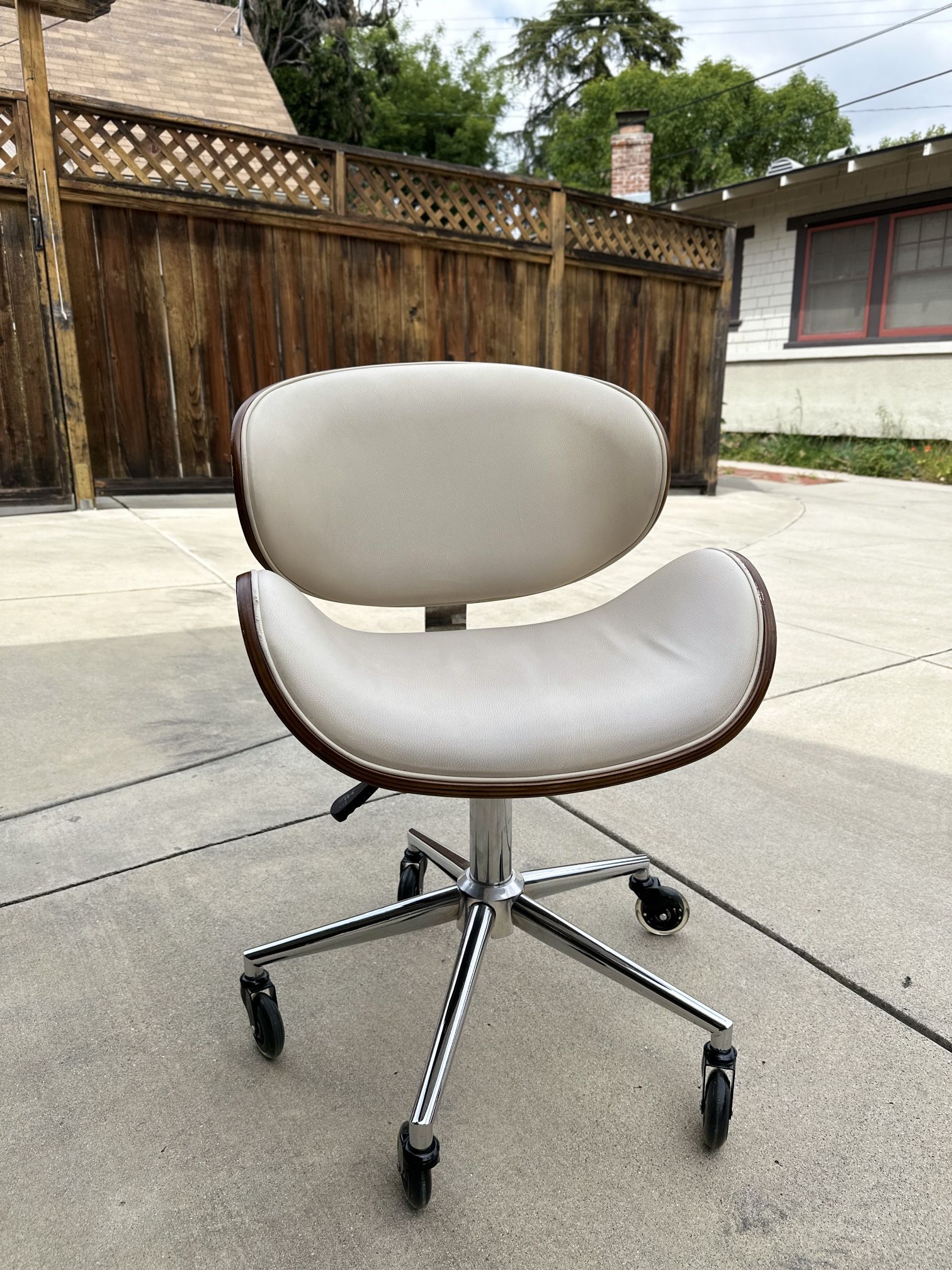 MCM Desk Chair - Faux White Leather, Rounded Wood, & Silver-Finished Steel Frame