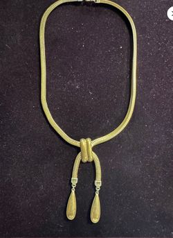 Vintage 70s Heavy Gold-Tone Y-Necklace - Fixed Ribbed Center & Drops