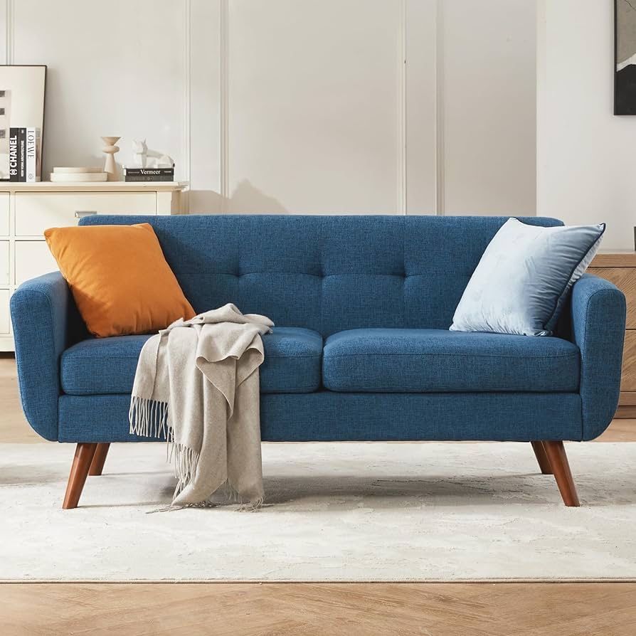 65" W Loveseat Sofa, Mid Century Modern Decor Love Seat Sofas and Couches for Living Room, Button Tufted Upholstered Small Couch for Bedroom, Solid an