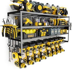 4 Layers Large Power Tool Organizer Wall Mount, Heavy Duty Metal Loads 360lbs with 8 Cordless Drill Holders, Power Tool Shelf Battery Storage