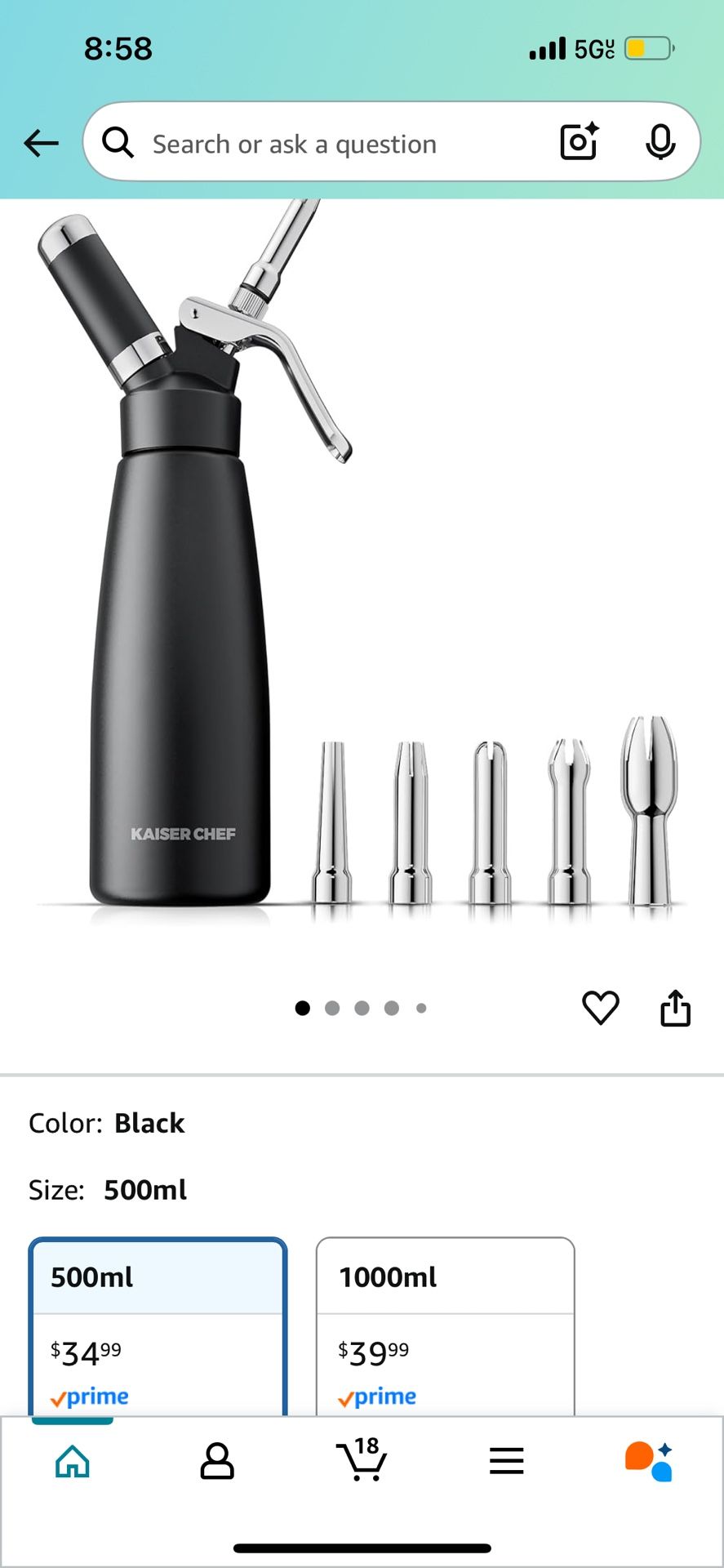 Aluminum Whipped Cream Dispenser - Leak-Free Whip Cream Maker Canister with 5 Decorating Nozzles & Cleaning Brush - 1-Pint / 500 mL Cream Whipper - N2