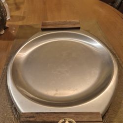 Vintage stainless steel serving tray with walnut wood handles