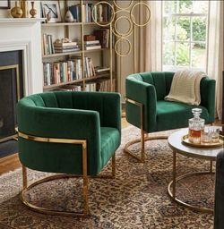 Green Velvet Accent Chairs with Gold Frame – Set of 2 green velvet chairs barrel chairs 🆕